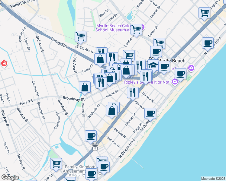 map of restaurants, bars, coffee shops, grocery stores, and more near 508 Maple Street in Myrtle Beach