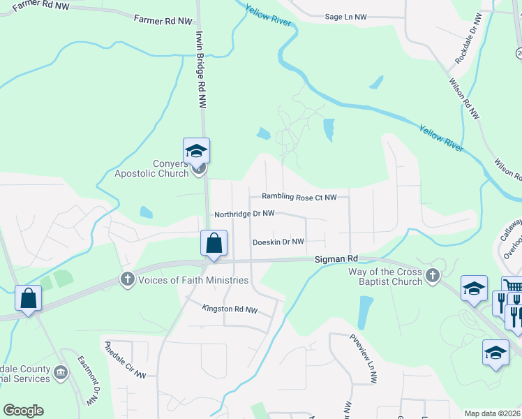 map of restaurants, bars, coffee shops, grocery stores, and more near 952 Northridge Drive Northwest in Conyers