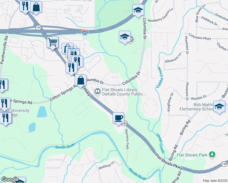 map of restaurants, bars, coffee shops, grocery stores, and more near 3156 Cedar Crest Way in Decatur