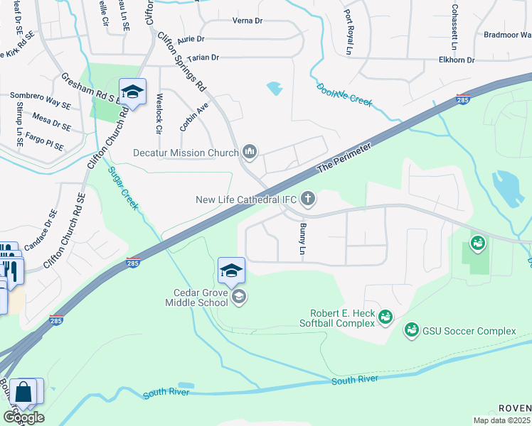 map of restaurants, bars, coffee shops, grocery stores, and more near 2237 Clifton Springs Manor in Decatur
