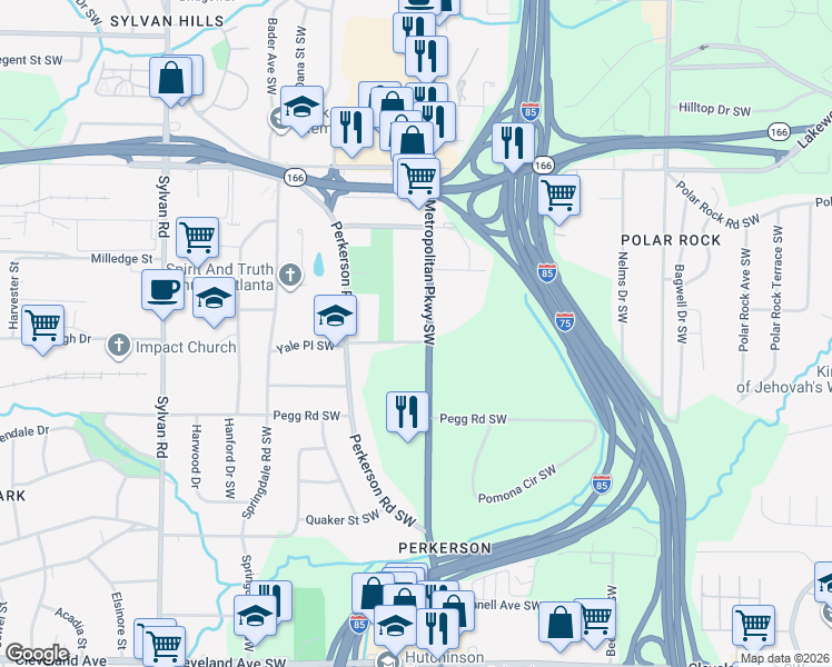 map of restaurants, bars, coffee shops, grocery stores, and more near 2285 Metropolitan Parkway Southwest in Atlanta