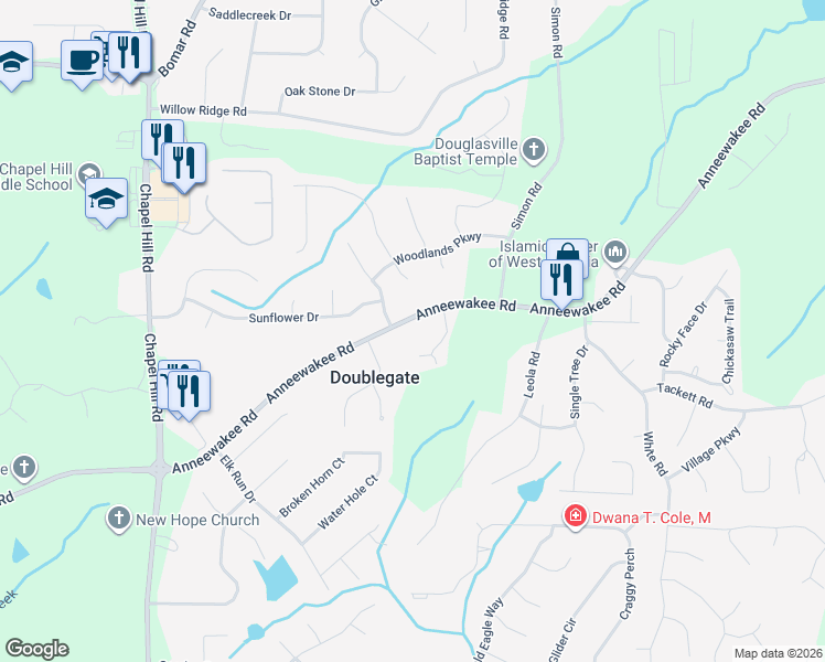 map of restaurants, bars, coffee shops, grocery stores, and more near 4196 Anneewakee Road in Douglasville