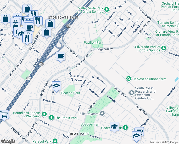 map of restaurants, bars, coffee shops, grocery stores, and more near 173 Newall in Irvine