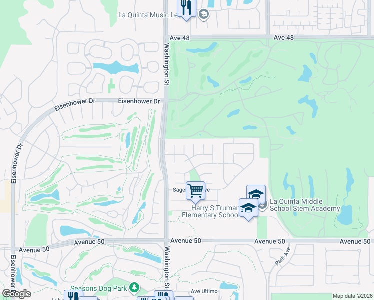 map of restaurants, bars, coffee shops, grocery stores, and more near 49100 Tango Court in La Quinta