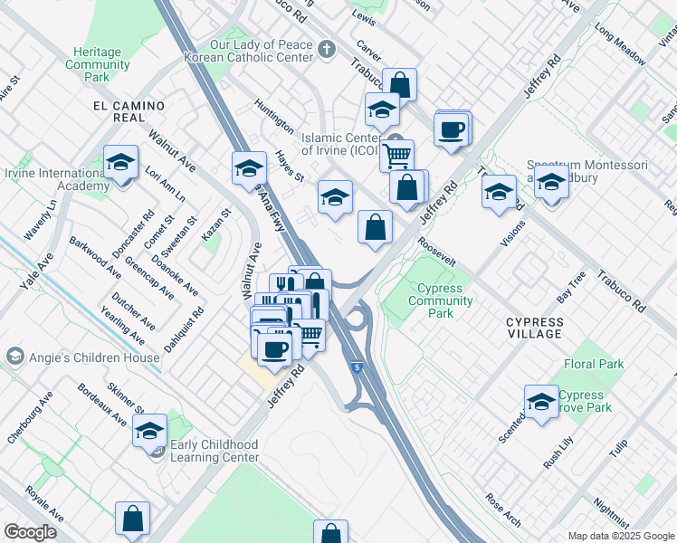 map of restaurants, bars, coffee shops, grocery stores, and more near 14273 Jeffrey Road in Irvine