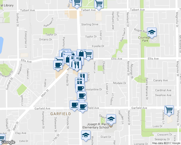 map of restaurants, bars, coffee shops, grocery stores, and more near 18682 Libra Circle in Huntington Beach