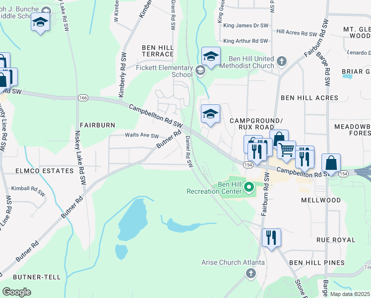 map of restaurants, bars, coffee shops, grocery stores, and more near 2323 Daniel Road Southwest in Atlanta