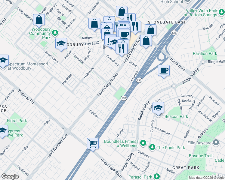 map of restaurants, bars, coffee shops, grocery stores, and more near 21 Crosspointe in Irvine