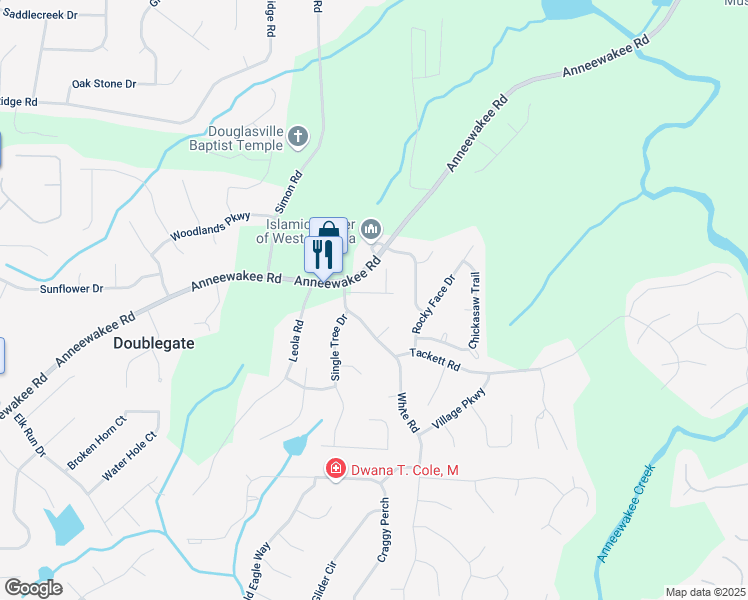 map of restaurants, bars, coffee shops, grocery stores, and more near 3751 Charlie Lane in Douglasville