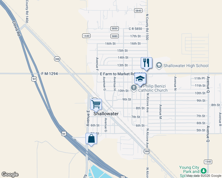 map of restaurants, bars, coffee shops, grocery stores, and more near 806 10th Street in Shallowater