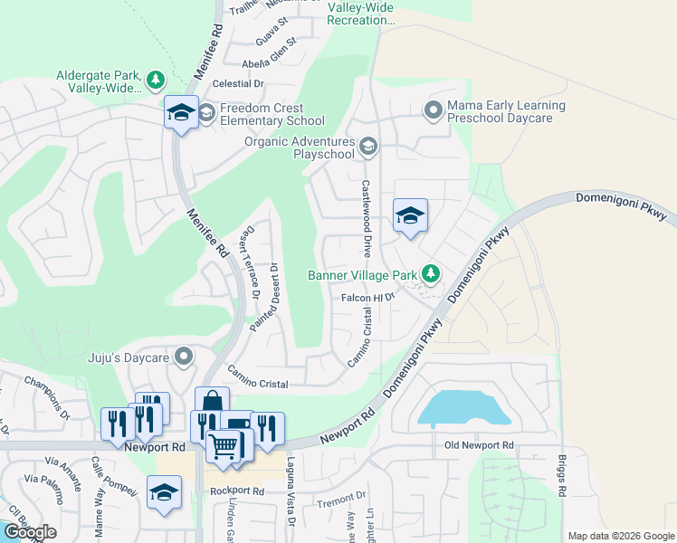 map of restaurants, bars, coffee shops, grocery stores, and more near 29694 Castlewood Drive in Menifee