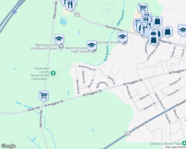 map of restaurants, bars, coffee shops, grocery stores, and more near 915 Berry Street in Manning