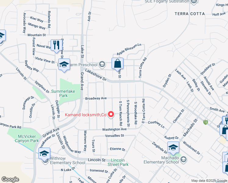 map of restaurants, bars, coffee shops, grocery stores, and more near 150 North Ralph Road in Lake Elsinore