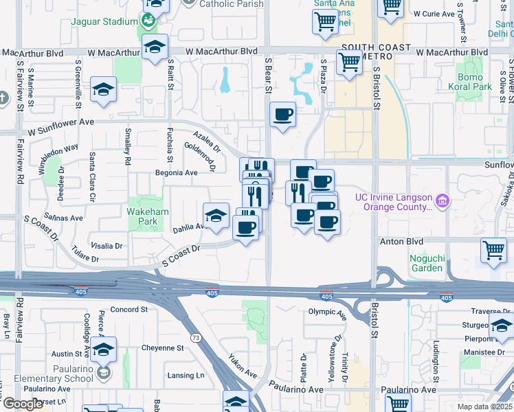 map of restaurants, bars, coffee shops, grocery stores, and more near 3333 Bear Street in Costa Mesa