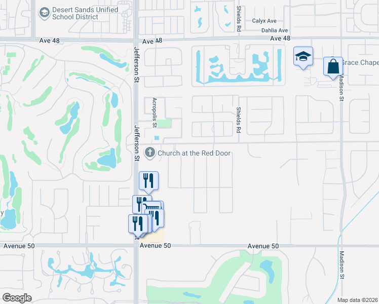 map of restaurants, bars, coffee shops, grocery stores, and more near 49101 Escalante Street in Indio
