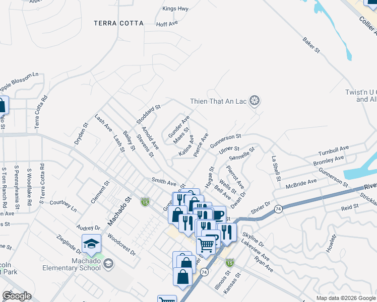 map of restaurants, bars, coffee shops, grocery stores, and more near 29431 Kalina Avenue in Lake Elsinore