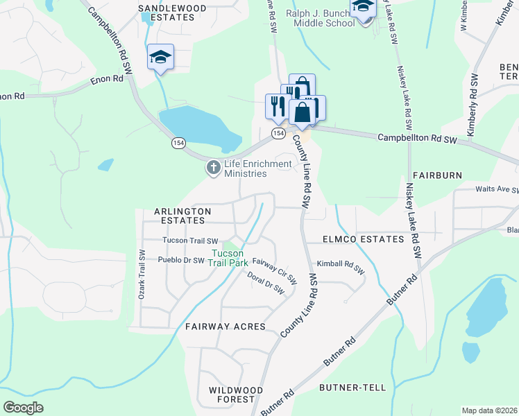 map of restaurants, bars, coffee shops, grocery stores, and more near 2462 Colorado Trail Southwest in Atlanta