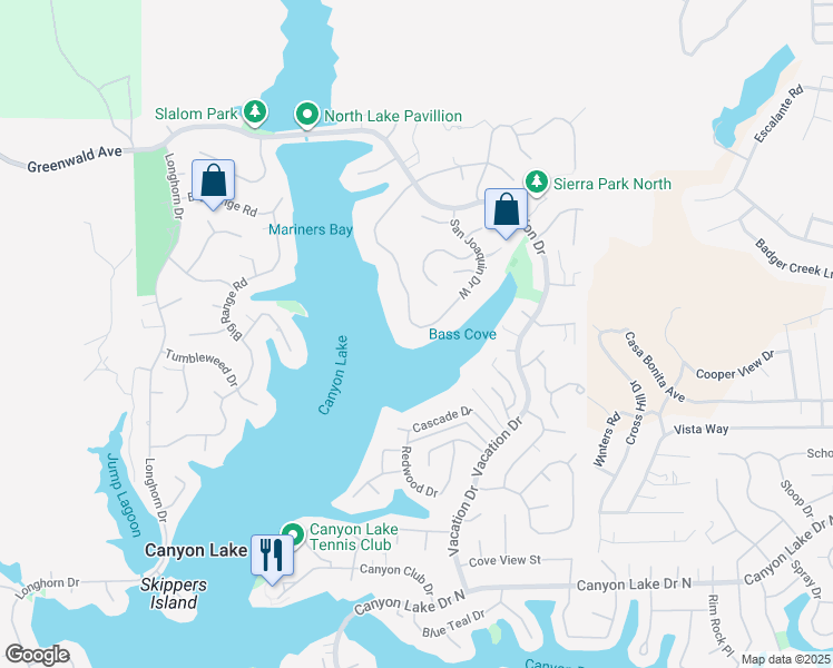 map of restaurants, bars, coffee shops, grocery stores, and more near 22226 San Joaquin Drive West in Canyon Lake