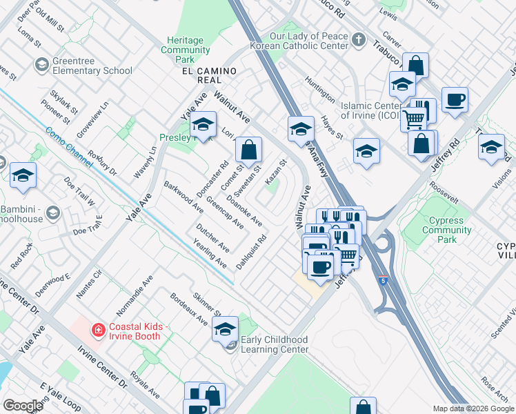 map of restaurants, bars, coffee shops, grocery stores, and more near 5121 Doanoke Avenue in Irvine