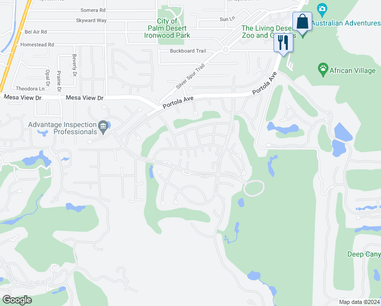 map of restaurants, bars, coffee shops, grocery stores, and more near 73441 Foxtail Lane in Palm Desert