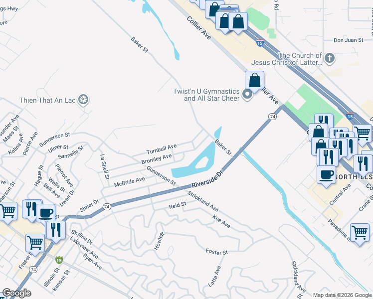 map of restaurants, bars, coffee shops, grocery stores, and more near 17550 Bromley Avenue in Lake Elsinore
