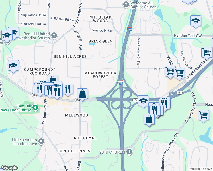 map of restaurants, bars, coffee shops, grocery stores, and more near 3478 Meadowlane Place Southwest in Atlanta
