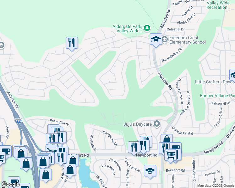 map of restaurants, bars, coffee shops, grocery stores, and more near 28658 Shady Brook Drive in Menifee