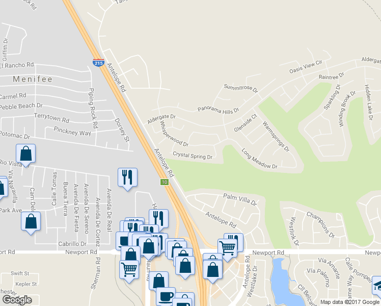 map of restaurants, bars, coffee shops, grocery stores, and more near 27956 Crystal Spring Drive in Menifee