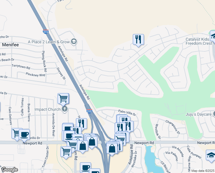 map of restaurants, bars, coffee shops, grocery stores, and more near 28026 Crystal Spring Drive in Menifee