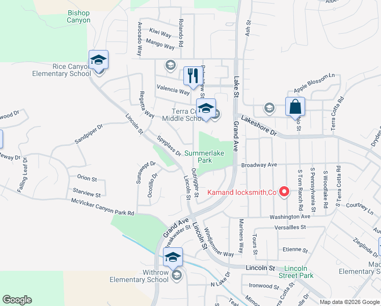 map of restaurants, bars, coffee shops, grocery stores, and more near 15301 Spyglass Drive in Lake Elsinore