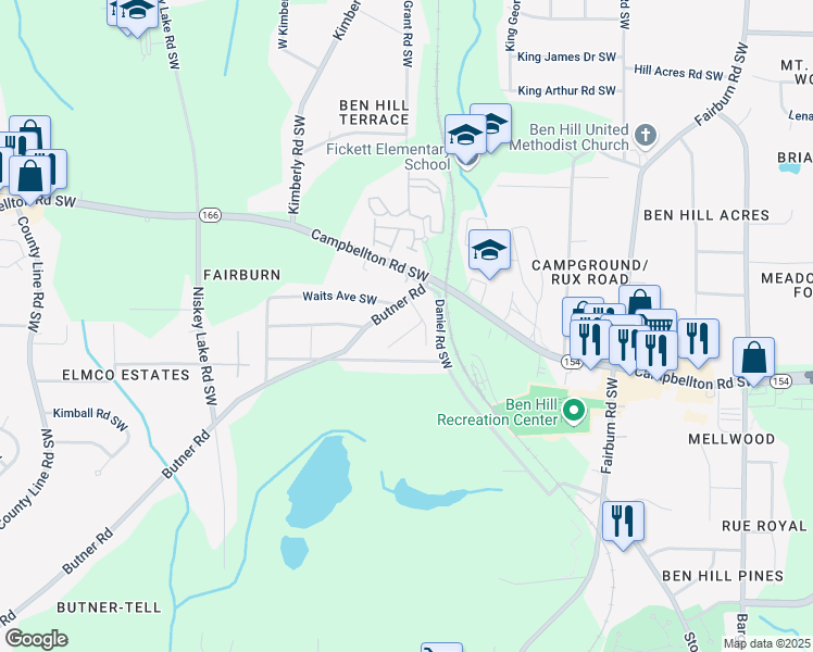 map of restaurants, bars, coffee shops, grocery stores, and more near 2293 Ewing Street Southwest in Atlanta