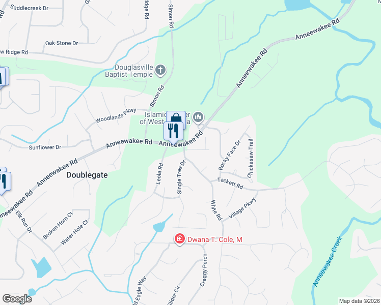 map of restaurants, bars, coffee shops, grocery stores, and more near 3771 Charlie Lane in Douglasville