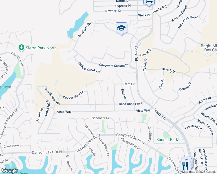 map of restaurants, bars, coffee shops, grocery stores, and more near La Pina Drive in Menifee