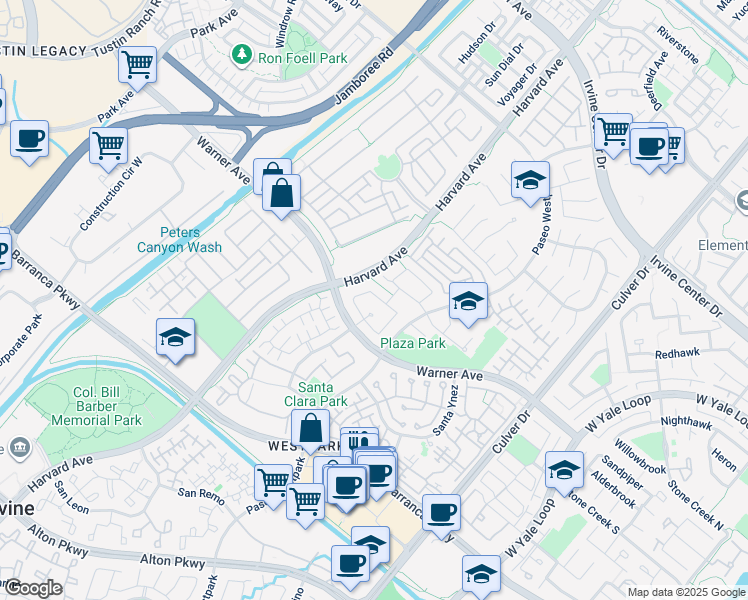 map of restaurants, bars, coffee shops, grocery stores, and more near 33 Calavera in Irvine