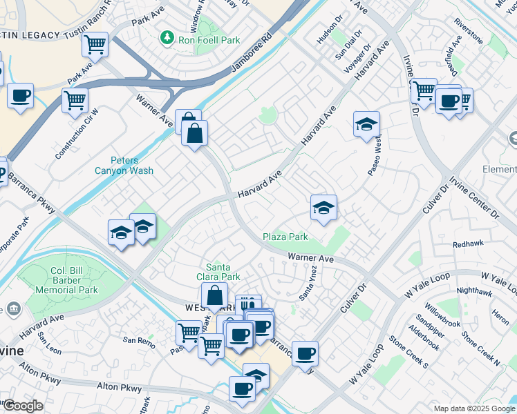 map of restaurants, bars, coffee shops, grocery stores, and more near 33 Calavera in Irvine