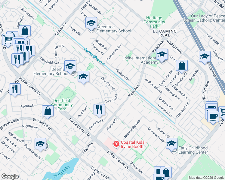 map of restaurants, bars, coffee shops, grocery stores, and more near in Irvine