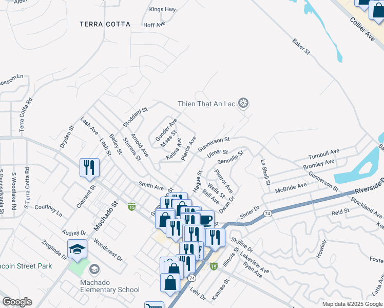 map of restaurants, bars, coffee shops, grocery stores, and more near Gunnerson Street in Lake Elsinore