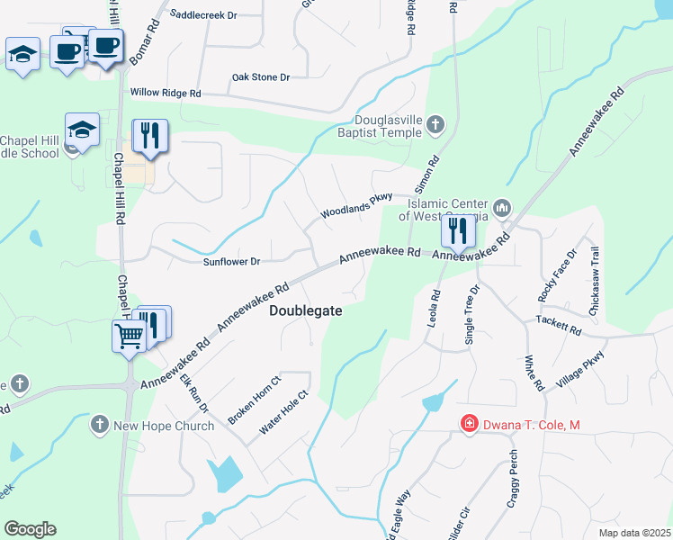 map of restaurants, bars, coffee shops, grocery stores, and more near 4232 Anneewakee Road in Douglasville