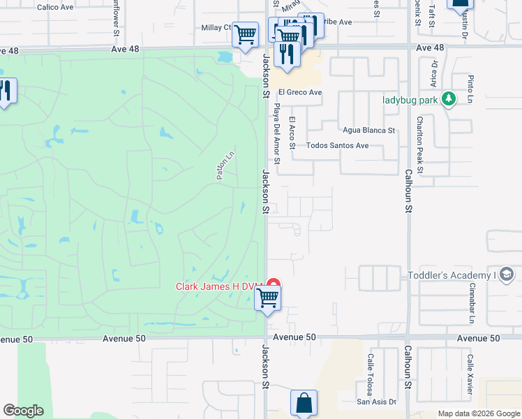 map of restaurants, bars, coffee shops, grocery stores, and more near 49226 Barrymore Street in Indio