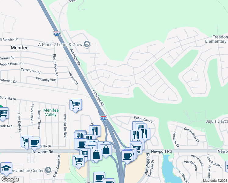 map of restaurants, bars, coffee shops, grocery stores, and more near 27956 Crystal Spring Drive in Menifee