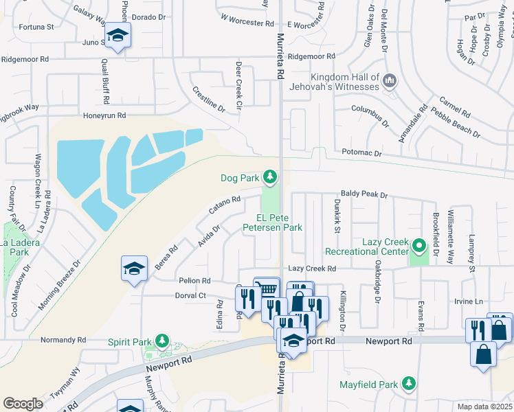 map of restaurants, bars, coffee shops, grocery stores, and more near 29521 Luxor Road in Menifee