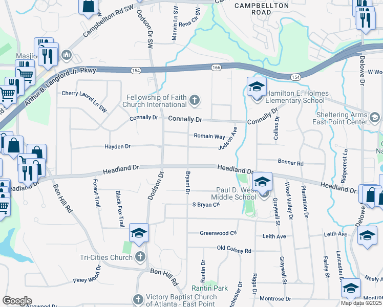 map of restaurants, bars, coffee shops, grocery stores, and more near 2314 Bryant Drive in East Point