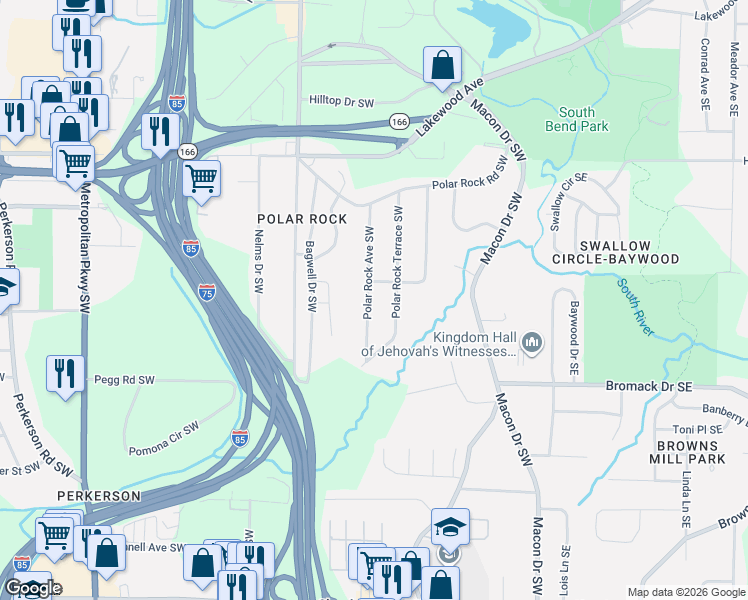 map of restaurants, bars, coffee shops, grocery stores, and more near 2312 Polar Rock Avenue Southwest in Atlanta
