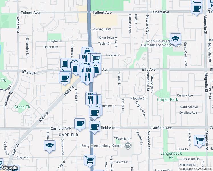 map of restaurants, bars, coffee shops, grocery stores, and more near 18672 Libra Circle in Huntington Beach