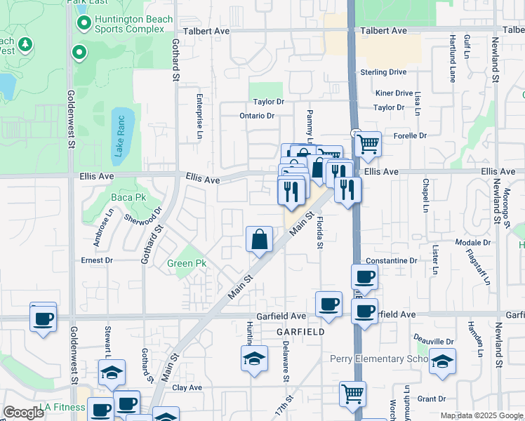 map of restaurants, bars, coffee shops, grocery stores, and more near 7662 Amberleaf Circle in Huntington Beach