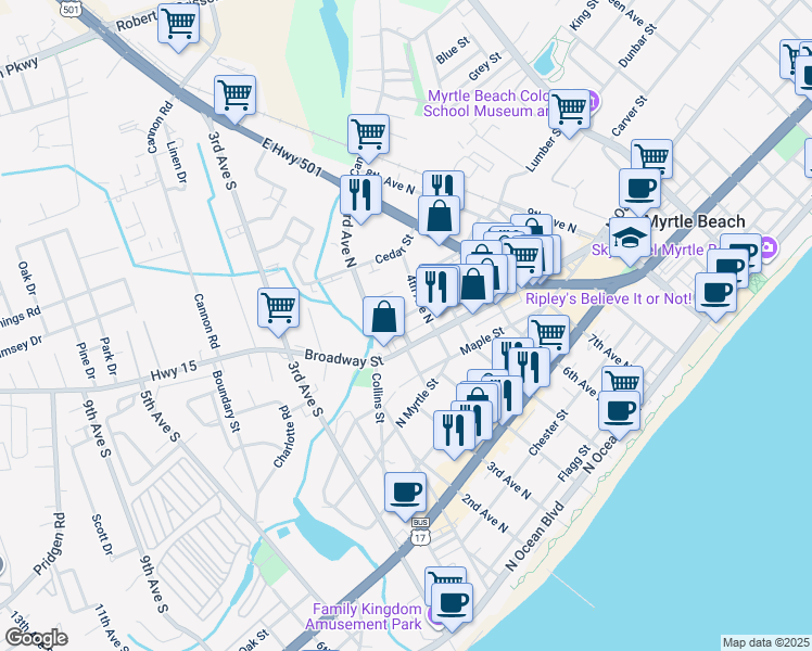 map of restaurants, bars, coffee shops, grocery stores, and more near 309 Broadway Street in Myrtle Beach