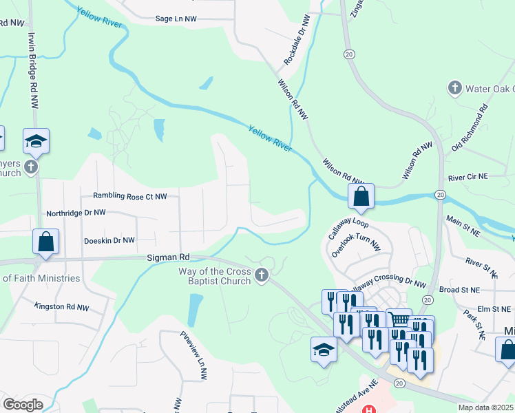 map of restaurants, bars, coffee shops, grocery stores, and more near 615 Upland Trail Northwest in Conyers