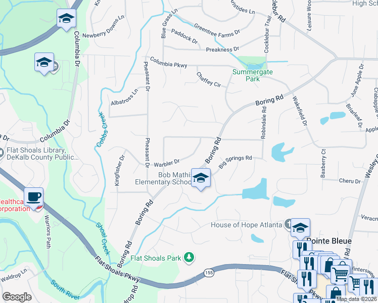 map of restaurants, bars, coffee shops, grocery stores, and more near 3593 Warbler Drive in Decatur