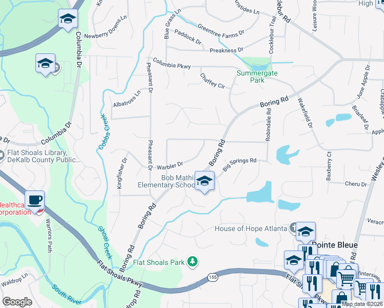 map of restaurants, bars, coffee shops, grocery stores, and more near 3593 Warbler Drive in Decatur