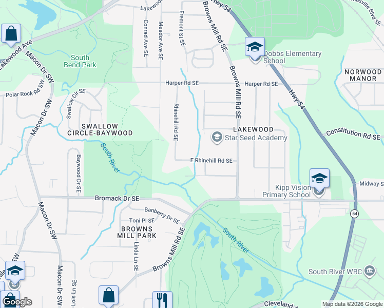 map of restaurants, bars, coffee shops, grocery stores, and more near 341 East Rhinehill Road Southeast in Atlanta